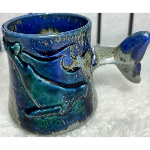 Cobalt Blue Whale Fish Tail Handle Ceramic Coffee Mug Cup by Wylie - Picture 1 of 5